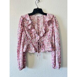 Lush Pink Floral Ruffle Cottagecore V-Neck Smocked Waist Tie Front Blouse SZ SM